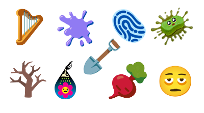 Among the popular symbol additions are ten new emoji (nine pictured), including a shovel, dirty sponge, and harp, and characters like a leafless tree and a sad flower symbolizing greenwashing that reflect ongoing climatic changes.